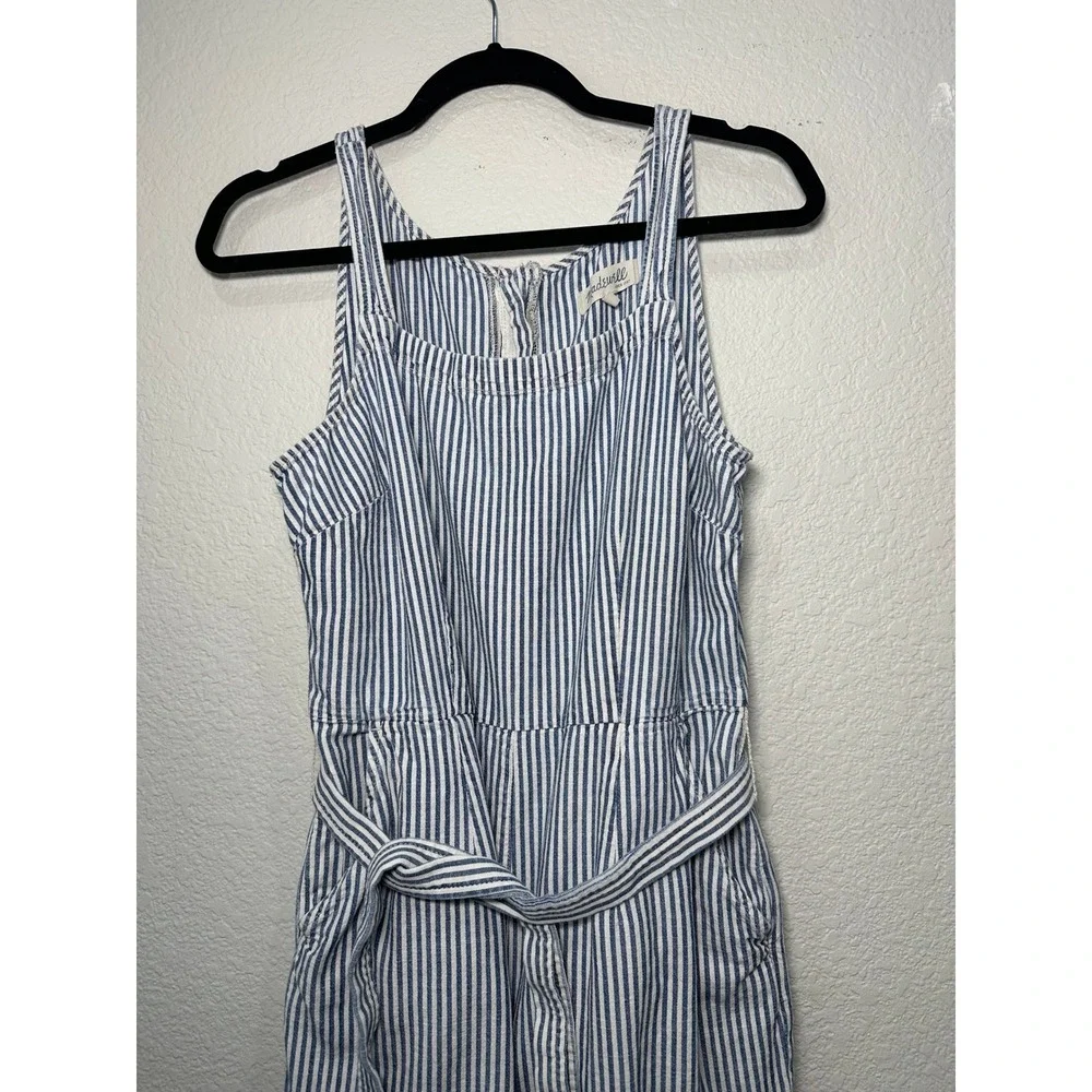 Madewell‎ Blue White Striped Sleeveless Wide Leg Jumpsuit Size 6 Belted Pockets